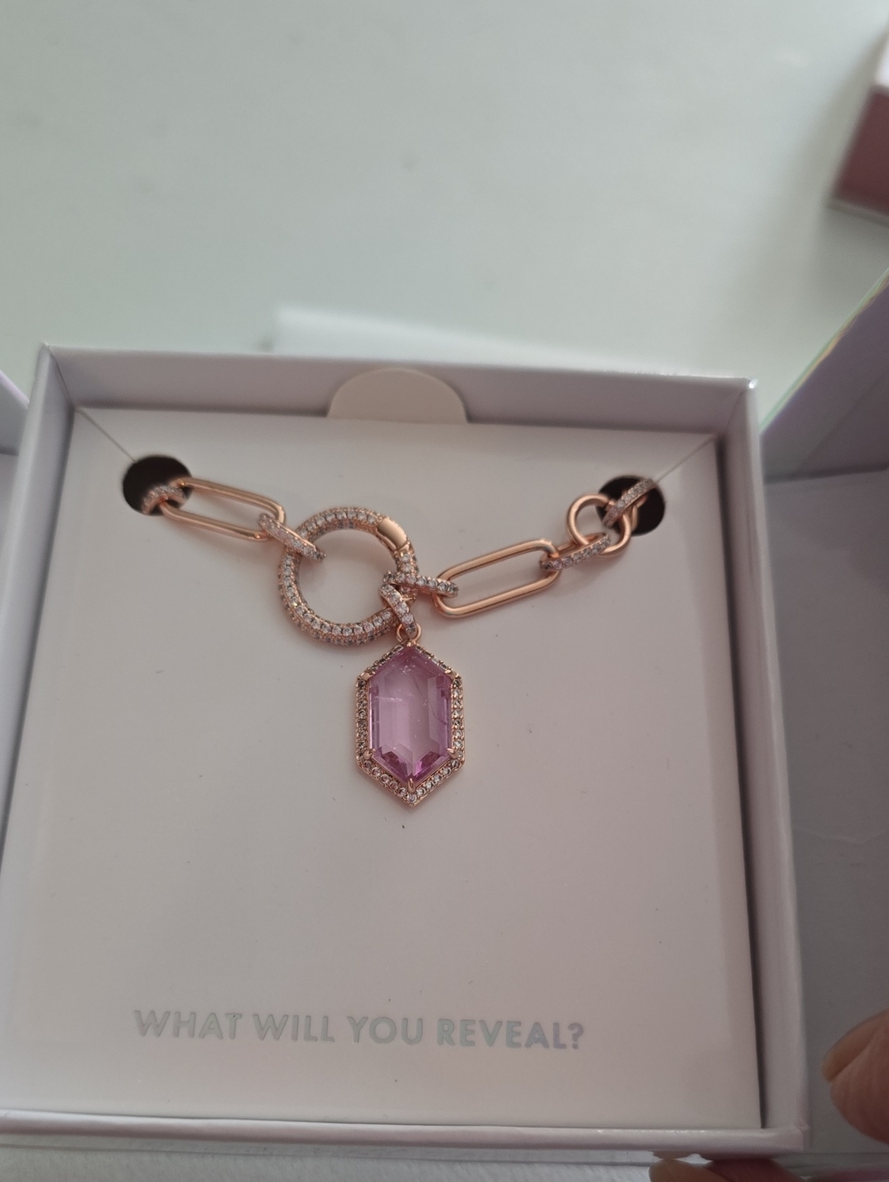 bp Rose Gold Necklace with Pink Hex Gem Pendant Color Changing Stone